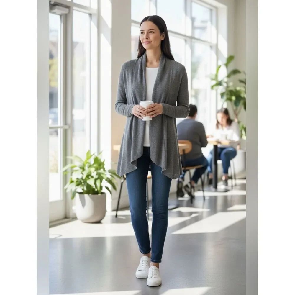 Eileen Fisher Gray Organic Linen Blend Draped Open Front Cardigan Sweater Size S